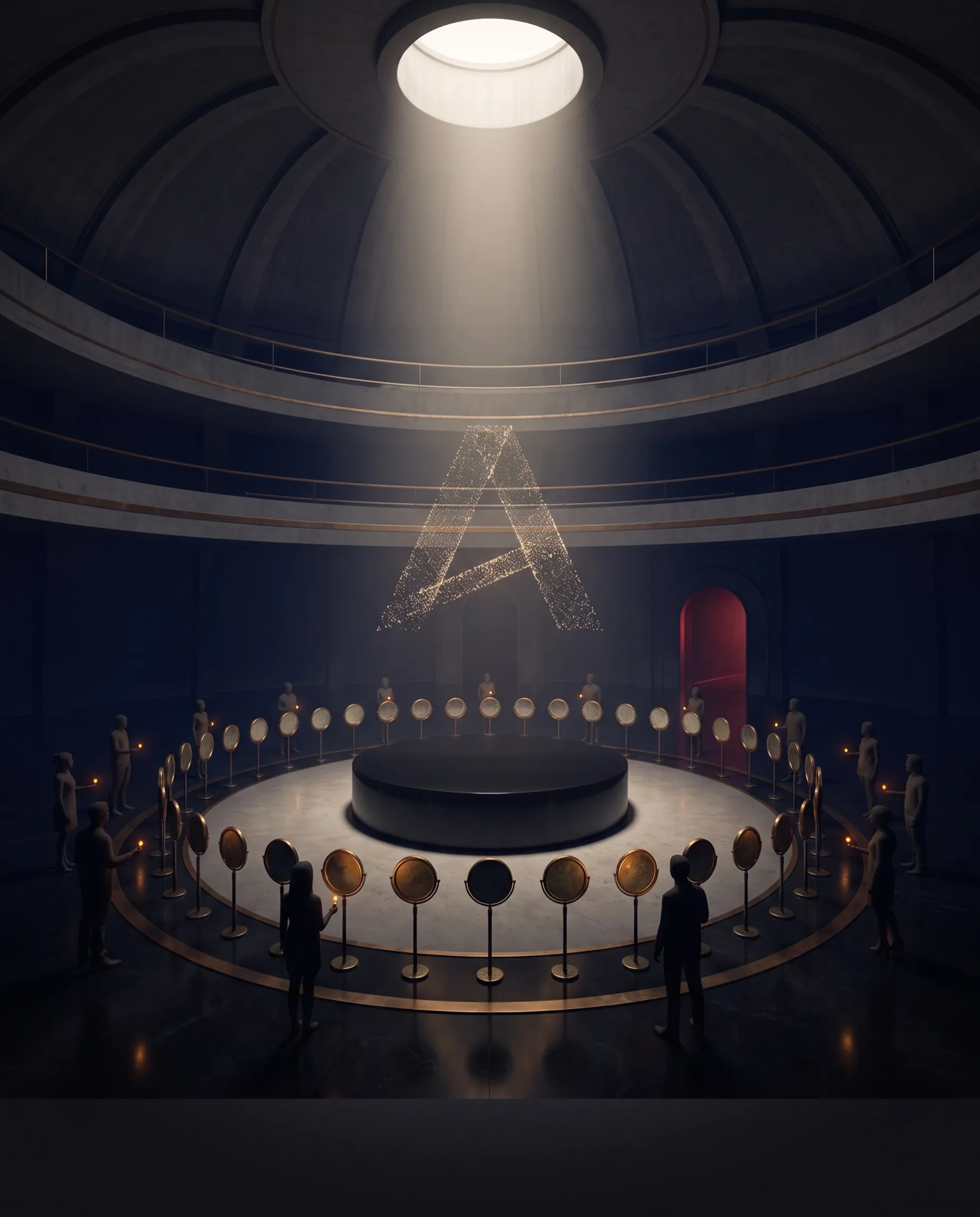 Original Artcoin gallery artwork showing a community gathered around a luminous cultural artifact