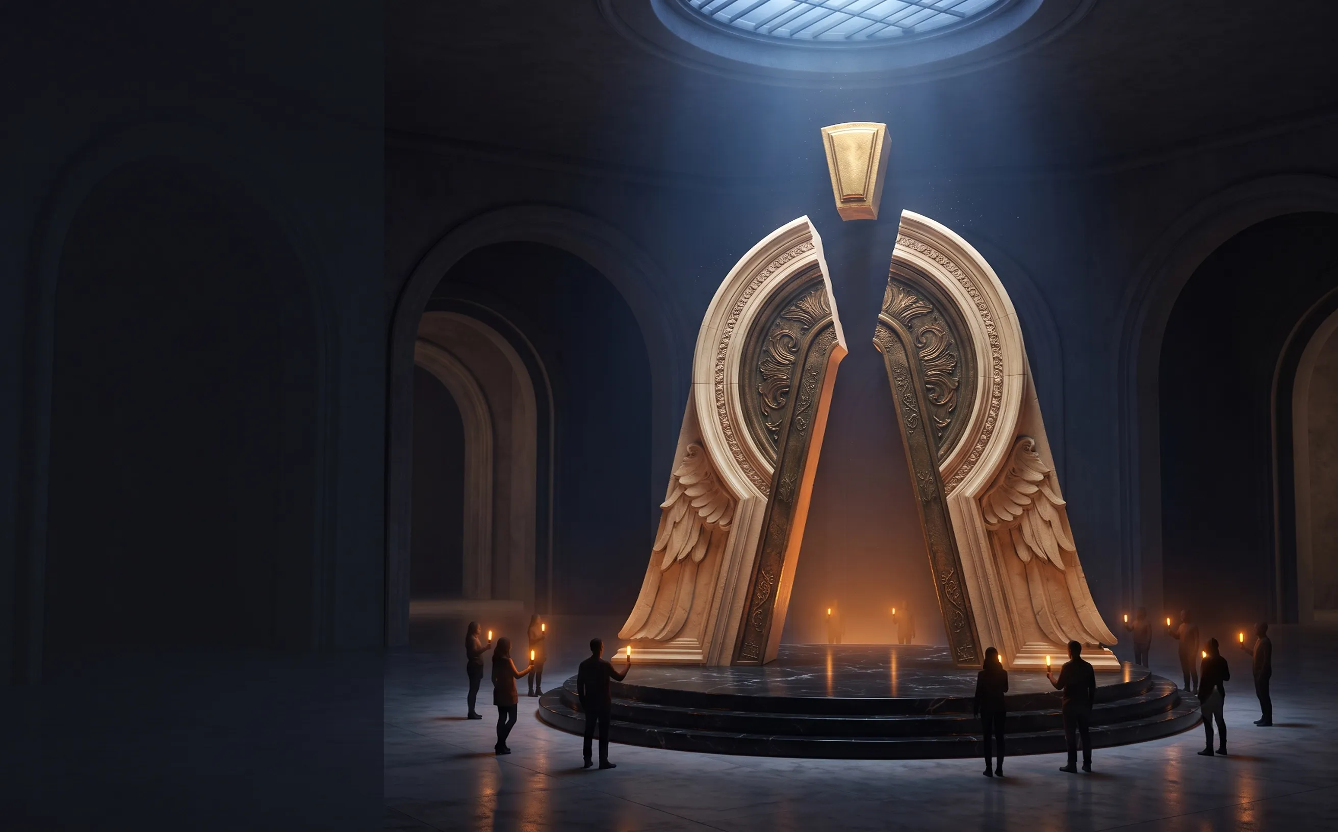 An original unfinished monumental Artcoin artifact waiting in a dark museum chamber