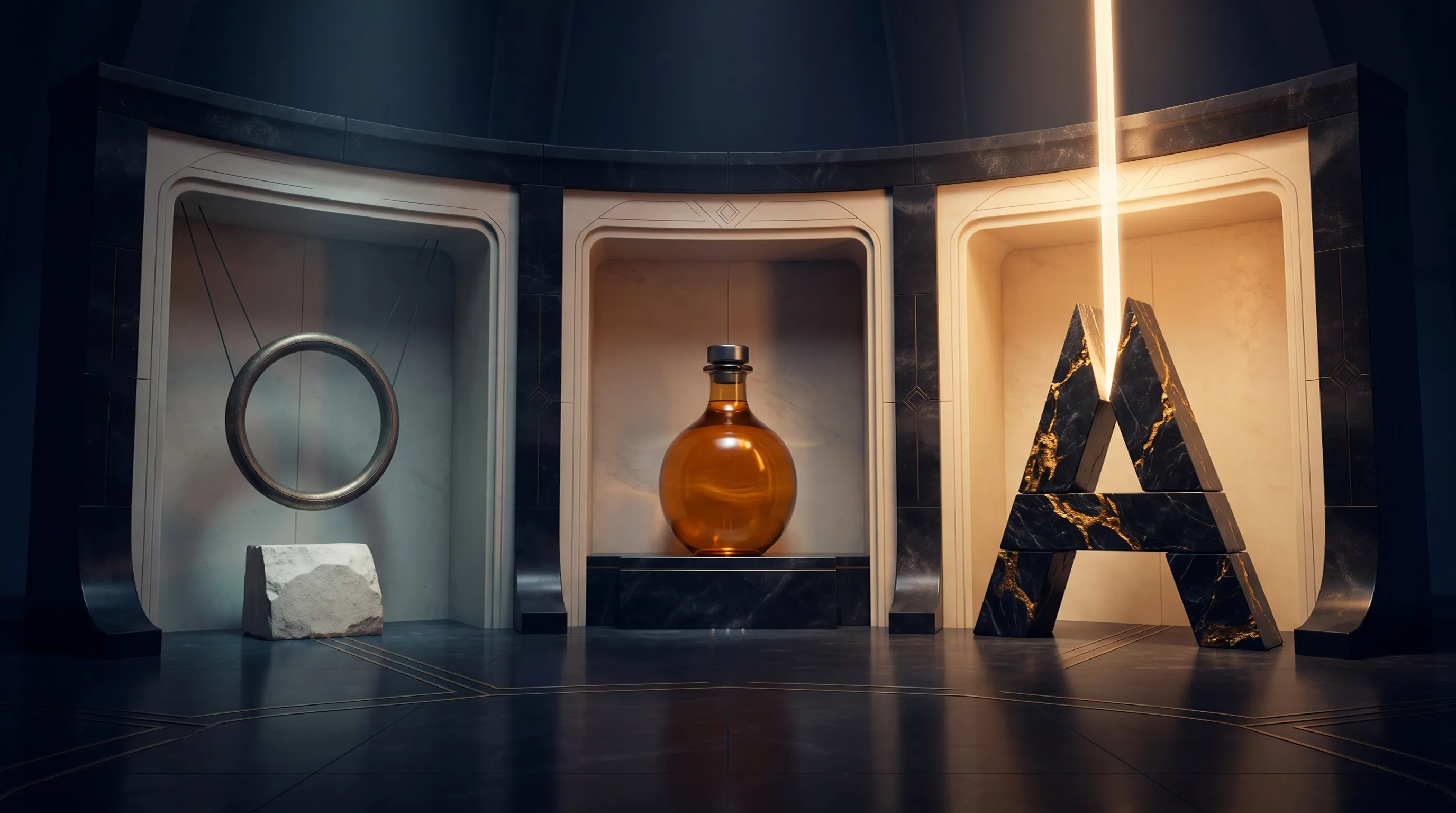 An original futuristic prophecy chamber with three symbolic stages and an unresolved final plinth