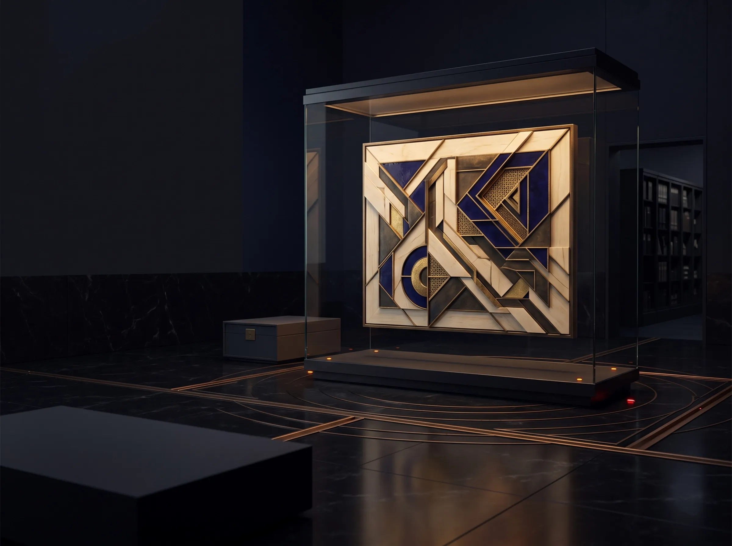 An original non-figurative artwork preserved inside a futuristic museum conservation gallery